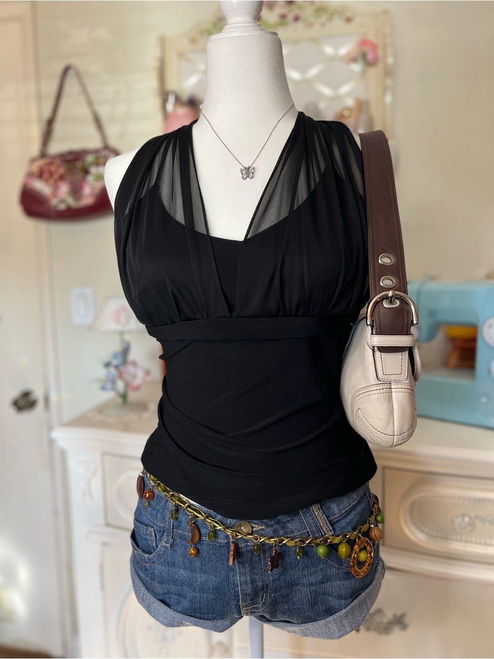 White House Black Market Black Blouse with Sheer Mesh Yoke